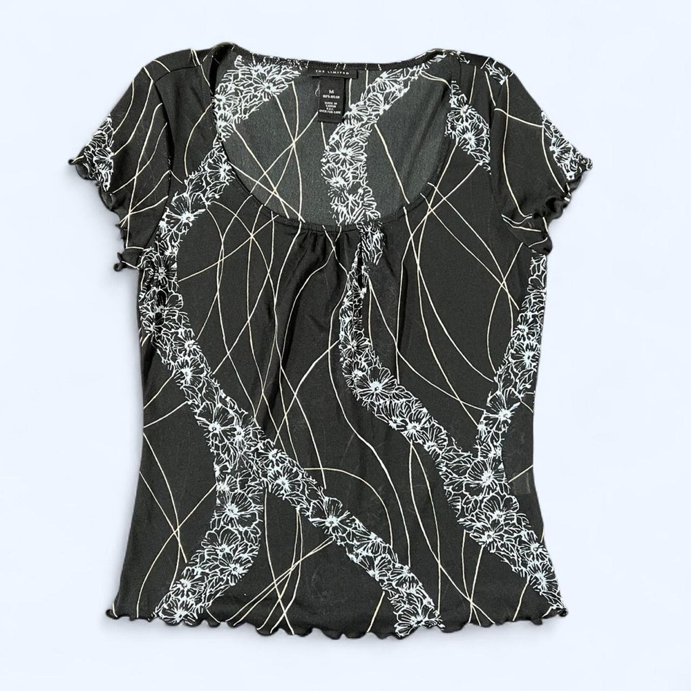 Vintage Y2k Black Sheer Top Rhinestone Accents Medium Fairycore Whimsical Blue